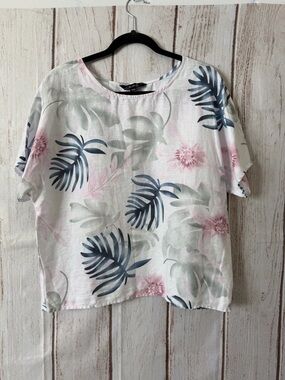 Charlie B Floral Printed 100% Linen Dolman Top, Size M